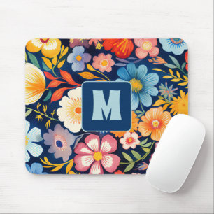 Tapis De Souris Années 70 60 Rétro Floral Monogramme Bleu et Orang