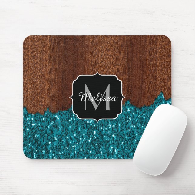 Tapis De Souris Aqua bleu étincelle bois brun rustique Monogramme (Avec souris)