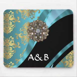 Tapis De Souris Aqua bleu & or damask faux cristal
