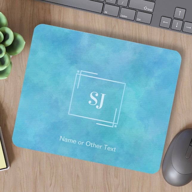 Tapis De Souris Aqua Blue Aquarelle Abstraite Monogramme Mousepad (Créateur téléchargé)