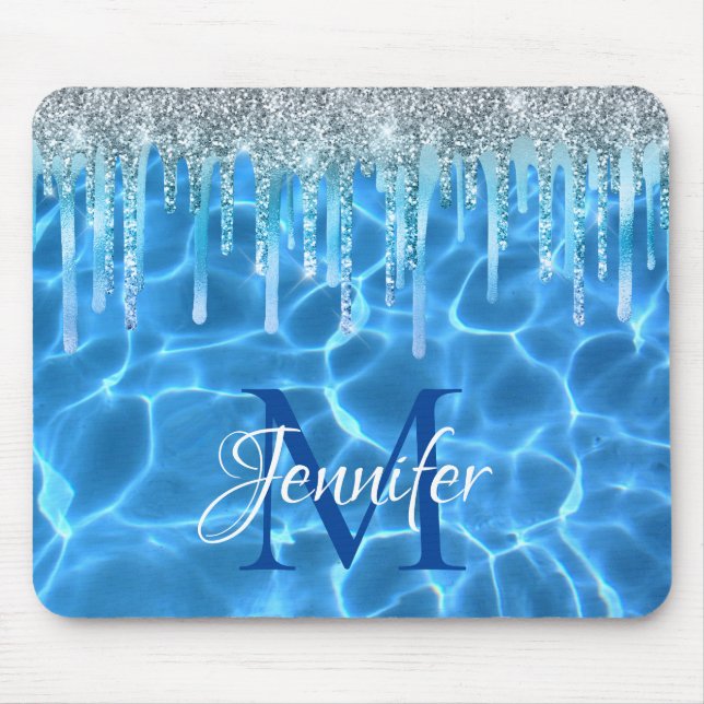 Tapis De Souris Aqua Blue Piscine Parties scintillant Monogramme (Devant)