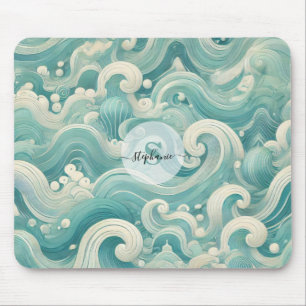 Tapis De Souris Aqua Blue & White Wave Abstraite - Art moderne Flu