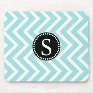 Tapis De Souris Aqua Blue & White Zigzag Motif Monogramme noir