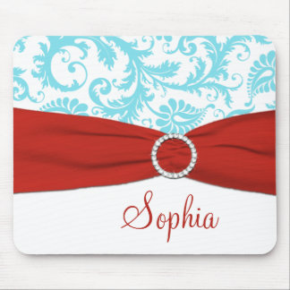 Tapis De Souris Aqua et Damas blanc, Faux Red Ribbon Mousepad