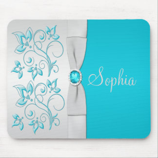 Tapis De Souris Aqua et Mousepad floral argenté