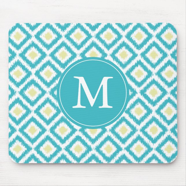 Tapis De Souris Aqua monogramme et Motif Ikat jaune (Devant)