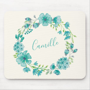 Tapis De Souris Aqua Sea Green Floral Wreath Personnalisé