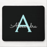 Tapis De Souris Aqua Teal Blue Script Girly Monogram<br><div class="desc">Aqua Blue Turquoise et noir Monogramme Ajoutez Votre Propre Nom Mousepad (Pad Souris). Cela rend le cadeau parfait pour 16 ans,  mariage,  douche nuptiale,  anniversaire,  baby shower ou bachelorette pour quelqu'un qui aime le luxe glam et les styles chic.</div>
