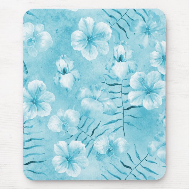 Tapis De Souris Aqua tropical Orchidées blanches Hibiscus Floral (Devant)