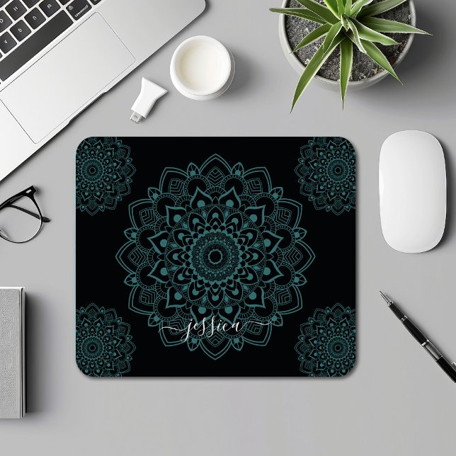 Tapis De Souris Aqua Turquoise & Noir Mandala w Calligraphie Nom (Créateur téléchargé)