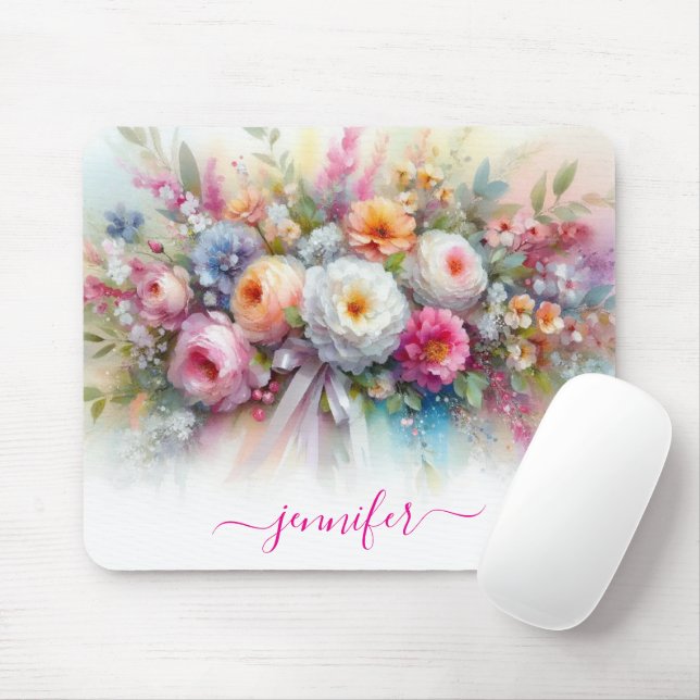 Tapis De Souris Aquarell Flowers Calligraphy Script Your Name (Avec souris)