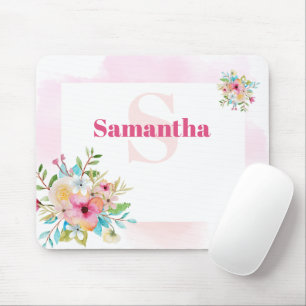 Tapis De Souris Aquarelle à cadre rose Floral Monogramme personnal