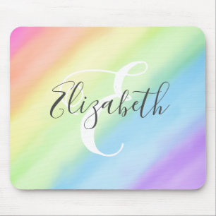 Tapis De Souris Aquarelle à dégradé arc-en-ciel Nom du monogram
