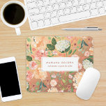 Tapis De Souris Aquarelle à ressort bleu floral or personnel<br><div class="desc">Une aquarelle fraîche fleurit avec des roses,  des pivoines et des hydrangées en pêche,  rose roux et vert sauge avec de l'or faux rose derrière. Nom facultatif dans le étiquette central.</div>