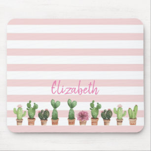 Tapis De Souris Aquarelle adorable Cactus, Bandes roses