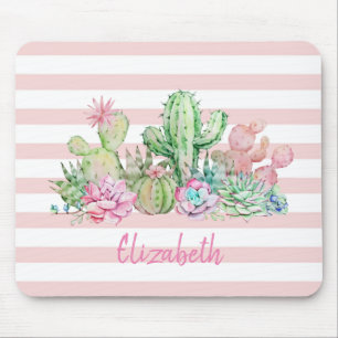 Tapis De Souris Aquarelle adorable Cactus, Bandes roses Succulente