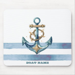 Tapis De Souris Aquarelle Ancre marine Bleu clair rayures