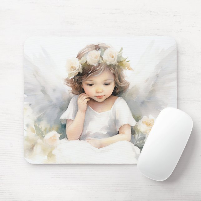 Tapis De Souris Aquarelle Angel fille avec fleurs (Avec souris)