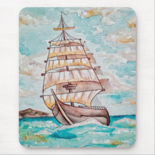 Tapis De Souris Aquarelle Bateau Voile Eté Mer Vie Océane