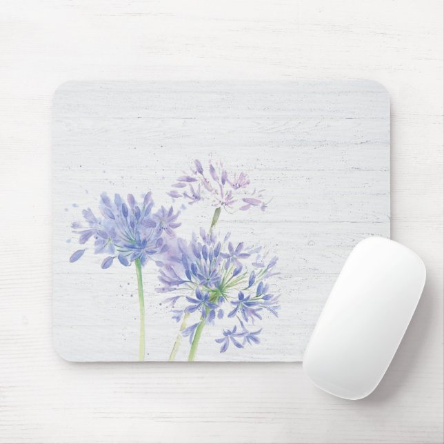 Tapis De Souris Aquarelle Bleu Fleurs sauvages sur bois (Avec souris)