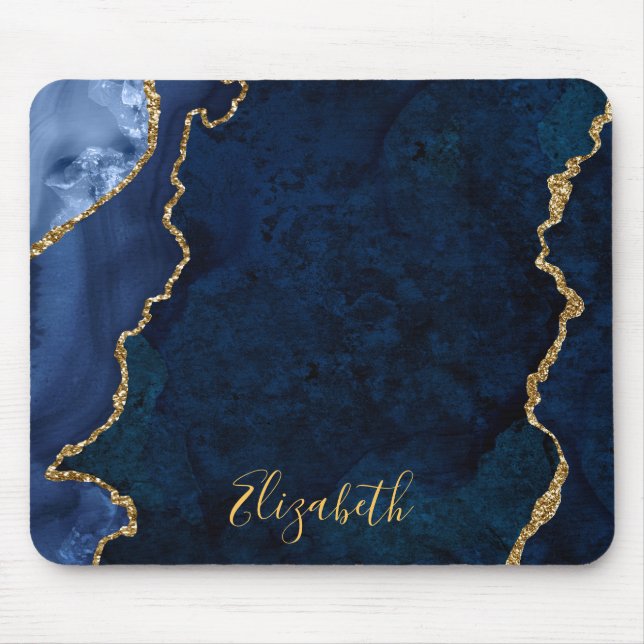 Tapis De Souris Aquarelle Bleu Marbre Or Géode Agate (Devant)