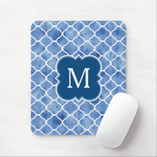 Tapis De Souris Aquarelle bleu marine Motif géométrique Monogramme