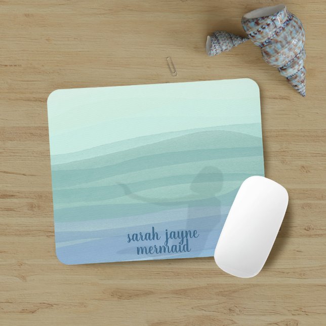 Tapis De Souris Aquarelle bleu sirène Vagues de souris personnalis (Add your name to this cute mermaid themed mouse mat)