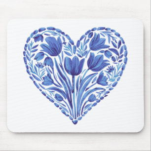Tapis De Souris Aquarelle Bleu Tulipes Coeur Sur Blanc
