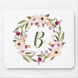 Tapis De Souris Aquarelle Bohème Floral Wreath Monogramme