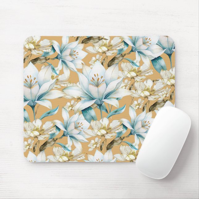 Tapis De Souris Aquarelle botanique bleu blanc lily floral (Avec souris)
