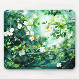 Tapis De Souris Aquarelle botanique Fleurs blanches Feuilles verte