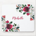Tapis De Souris Aquarelle Bourgogne Peony Rose Nom floral<br><div class="desc">Aquarelle Bourgogne botanique pivoine rose floral girly Mouse Pad. Bourgogne, marsala, roses de pivoines d'aquarelle blanche, design botanique d'autruche fleurie avec feuilles vert foncé et baies sur arrière - plan blanc. Doté d'un élégant design de typographie manuscrite avec votre nom et joli automne, bouquet rose de tourbillons bordeaux d'hiver. Idéal...</div>