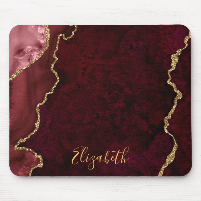 Tapis De Souris Aquarelle Burgundy Gold Marble Agate Géode (Devant)