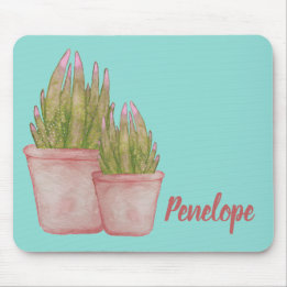 Tapis De Souris Aquarelle Cactus avec votre nom Rose et Aqua