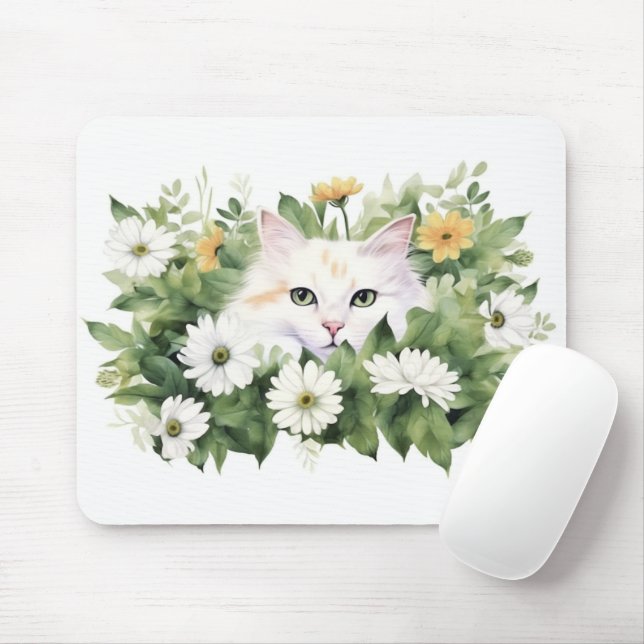 Tapis De Souris Aquarelle Chat Blanc Dans Les Faisceaux (Avec souris)