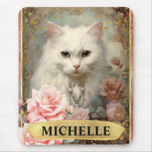 Tapis De Souris Aquarelle Chat Blanc Vintage et Roses Roses