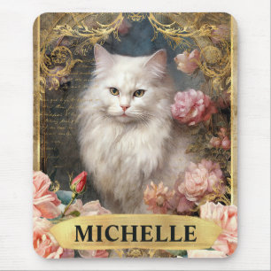 Tapis De Souris Aquarelle Chat Blanc Vintage et Roses Roses