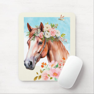Tapis De Souris Aquarelle Cheval et Fleurs Art