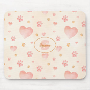 Tapis De Souris Aquarelle Coeurs et Empreintes de pattes Motif