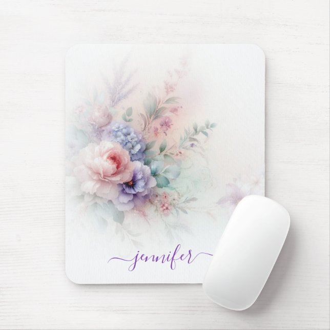Tapis De Souris Aquarelle Couleurs Pastel Floral Nom Script Vertic (Avec souris)