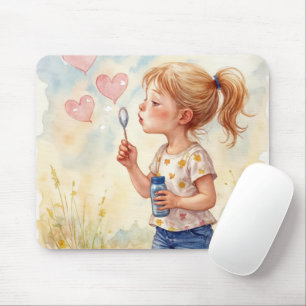 Tapis De Souris Aquarelle de la fille soufflant des bulles du coeu