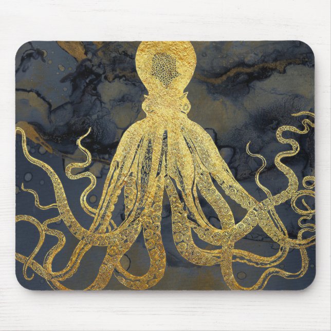 Tapis De Souris Aquarelle d'encre d'octopus Vintage doré côtier (Devant)