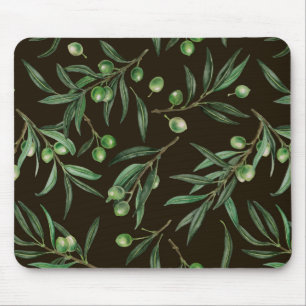 Tapis De Souris Aquarelle des branches d'olive en noir