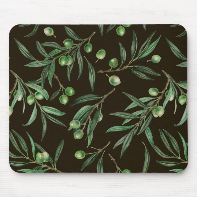 Tapis De Souris Aquarelle des branches d'olive en noir (Devant)