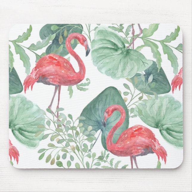 Tapis De Souris Aquarelle flamants roses et feuilles. (Devant)