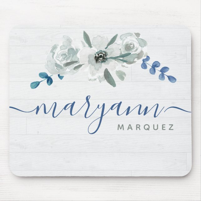 Tapis De Souris Aquarelle fleurie sur bois blanc Nom personnalisé (Devant)
