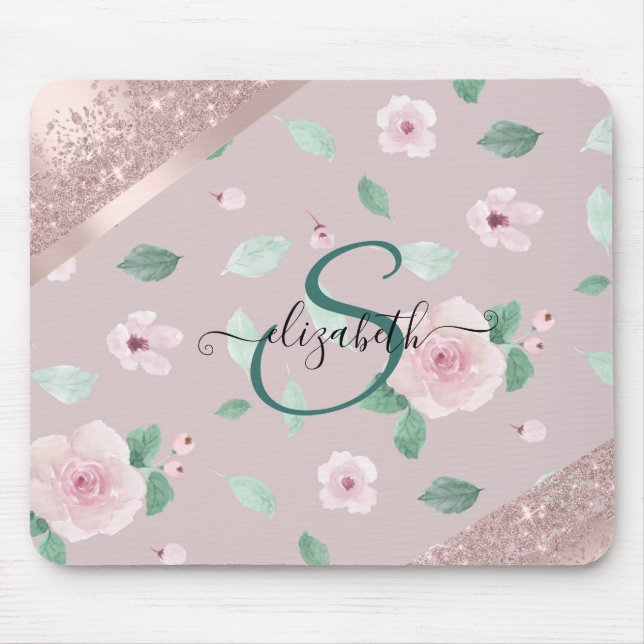 Tapis De Souris Aquarelle Fleurs Rose or Monogramme (Devant)