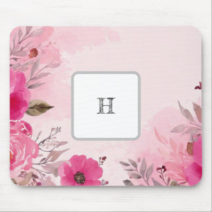 Tapis De Souris Aquarelle Fleurs roses sur un monogramme Mousepad