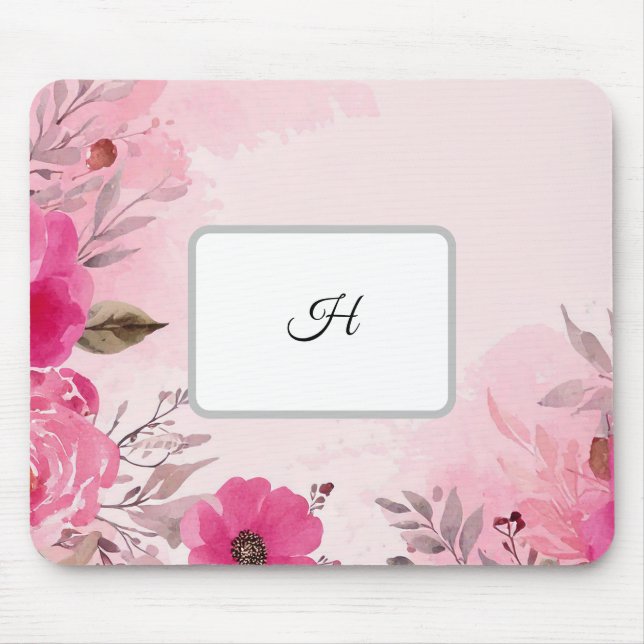 Tapis De Souris Aquarelle Fleurs roses sur un Mousepad monogrammé (Devant)
