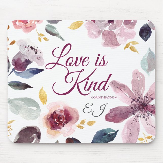Tapis De Souris Aquarelle Floral Scripture L'amour est un peu mong (Devant)